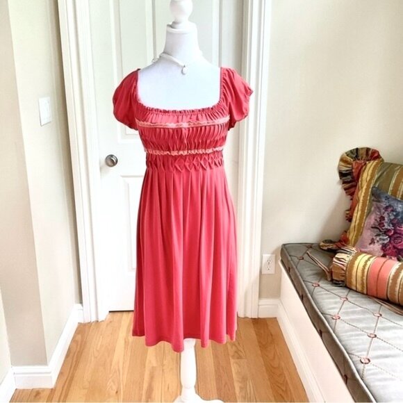 Muse Dress Smocked Y2K Coral with Crochet Trim and Pleats (4) - Picture 1 of 7